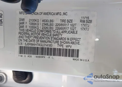2016 Honda Cr-V Ex-L z USA, uszkodzony, nr VIN 5J6RM4H74GL014183